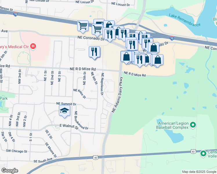 map of restaurants, bars, coffee shops, grocery stores, and more near 550 Northeast Napoleon Drive in Blue Springs