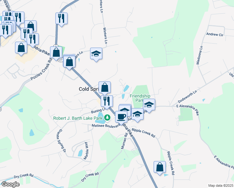 map of restaurants, bars, coffee shops, grocery stores, and more near 403 Downing Street in Cold Spring