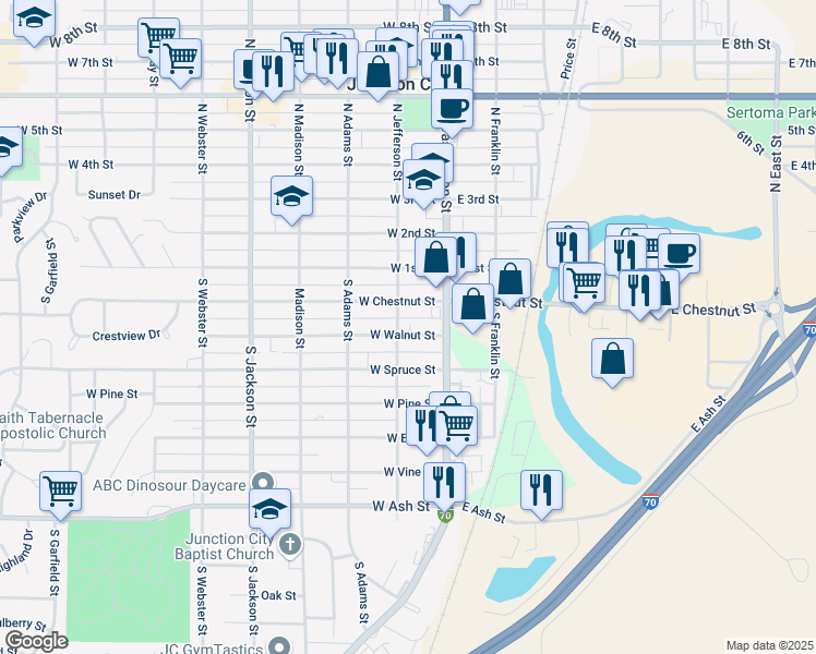 map of restaurants, bars, coffee shops, grocery stores, and more near 239 South Jefferson Street in Junction City