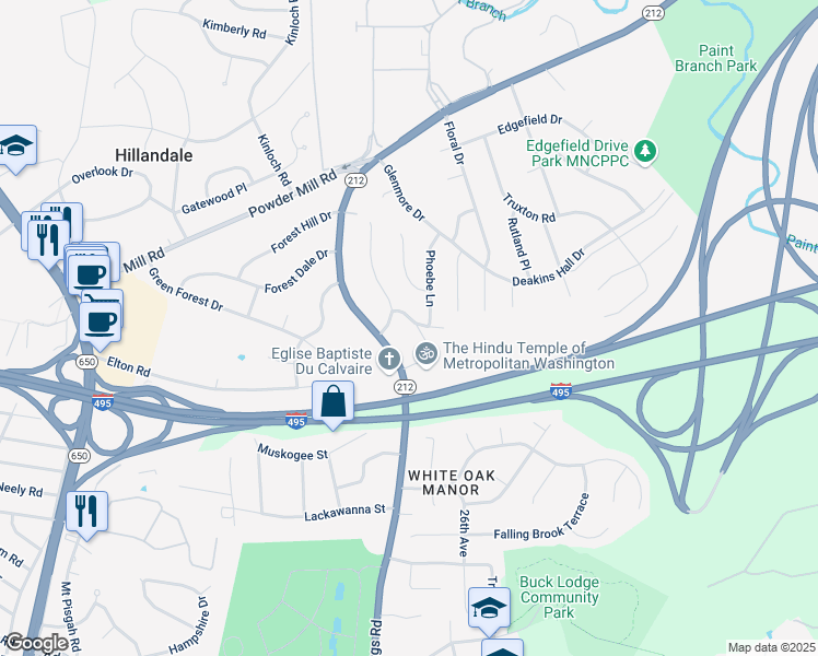 map of restaurants, bars, coffee shops, grocery stores, and more near 2505 Killdeer Avenue in Adelphi