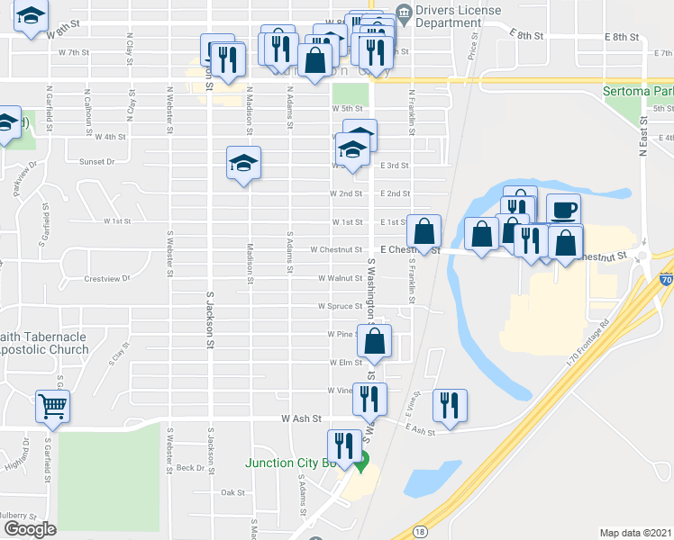 map of restaurants, bars, coffee shops, grocery stores, and more near 239 South Jefferson Street in Junction City