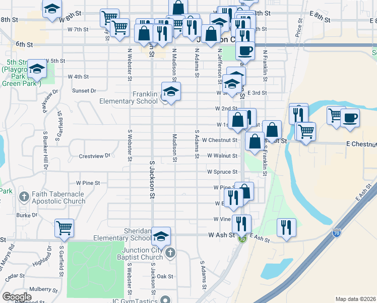 map of restaurants, bars, coffee shops, grocery stores, and more near 316 West Walnut Street in Junction City