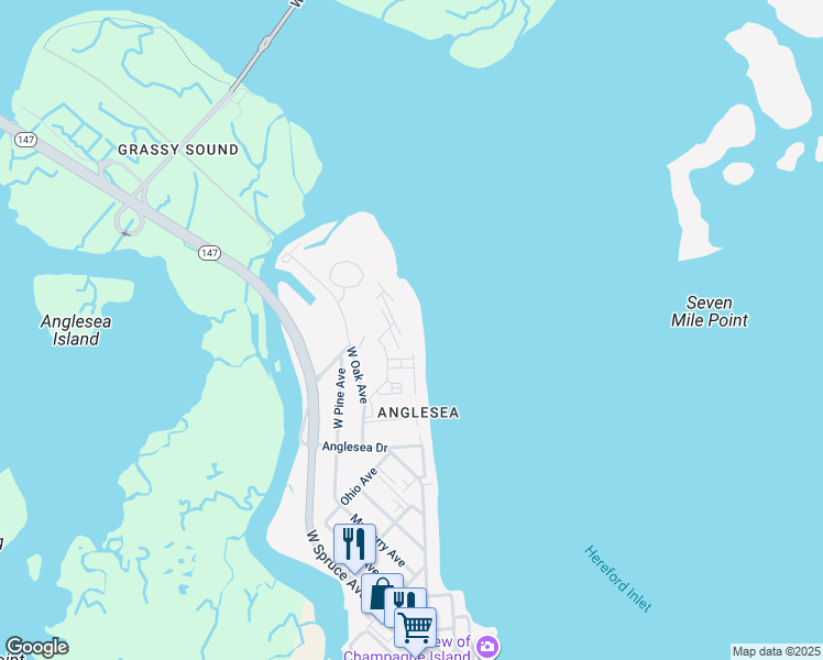 map of restaurants, bars, coffee shops, grocery stores, and more near 202 East Marina Court in North Wildwood