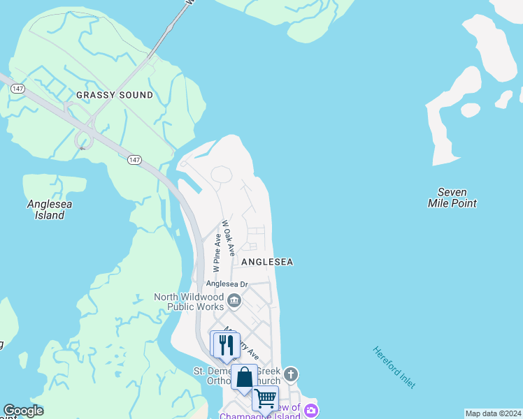 map of restaurants, bars, coffee shops, grocery stores, and more near 108 West Marina Court in North Wildwood