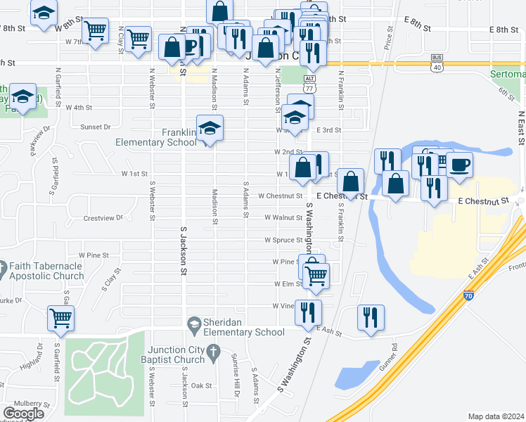 map of restaurants, bars, coffee shops, grocery stores, and more near 222 West Walnut Street in Junction City