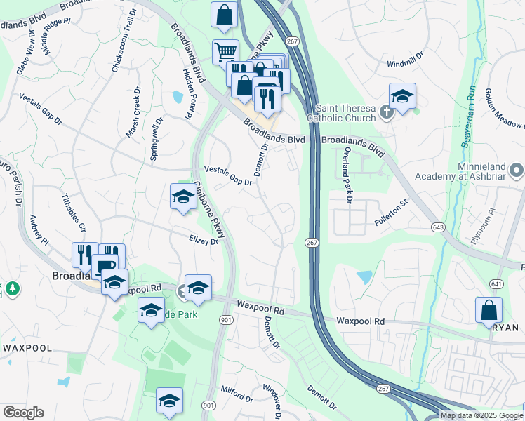 map of restaurants, bars, coffee shops, grocery stores, and more near 21475 Welby Terrace in Broadlands