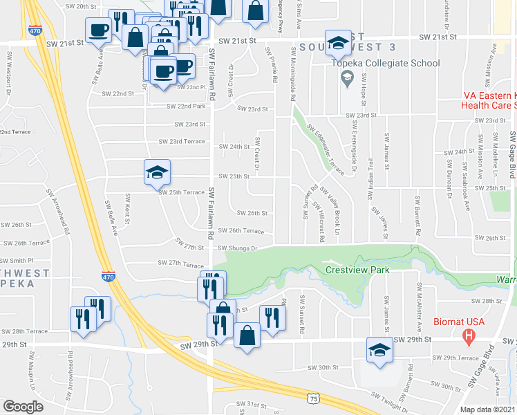 map of restaurants, bars, coffee shops, grocery stores, and more near 5018 Southwest 26th Street in Topeka
