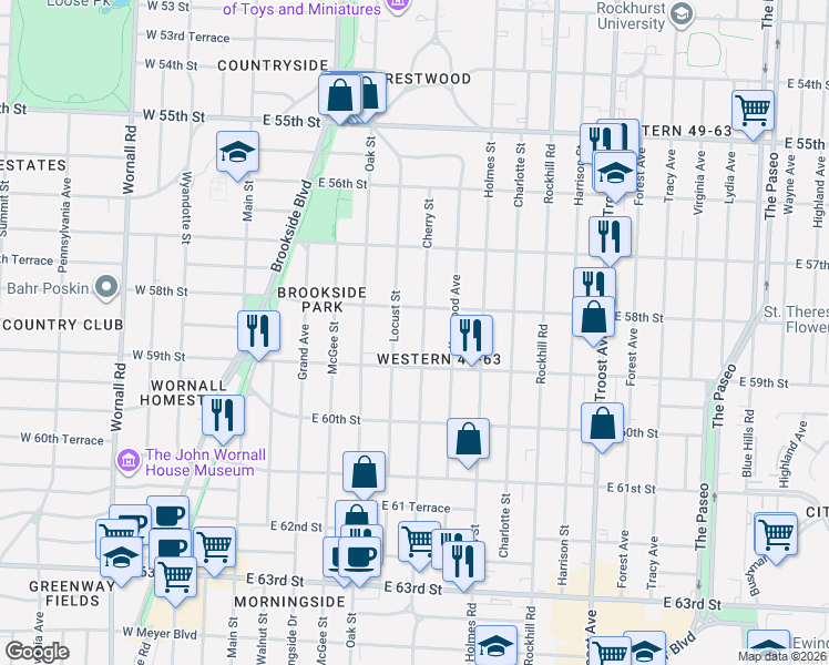 map of restaurants, bars, coffee shops, grocery stores, and more near 5831 Cherry Street in Kansas City