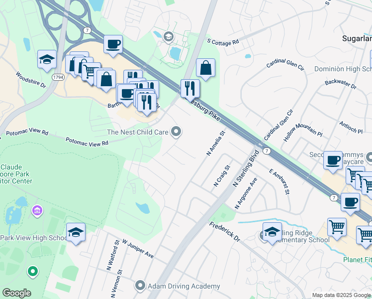 map of restaurants, bars, coffee shops, grocery stores, and more near 206 Edenberry Court in Sterling