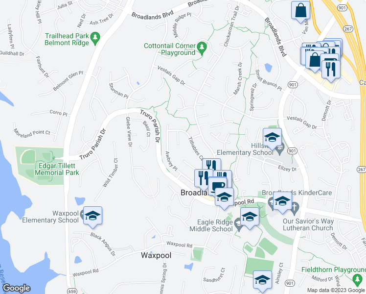 map of restaurants, bars, coffee shops, grocery stores, and more near 21508 Hearthstone Court in Broadlands