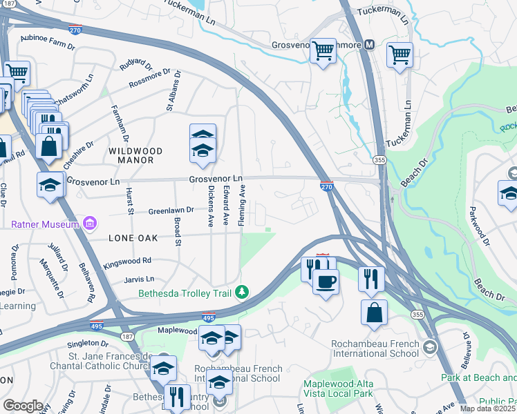 map of restaurants, bars, coffee shops, grocery stores, and more near 171 Winsome Circle in Bethesda