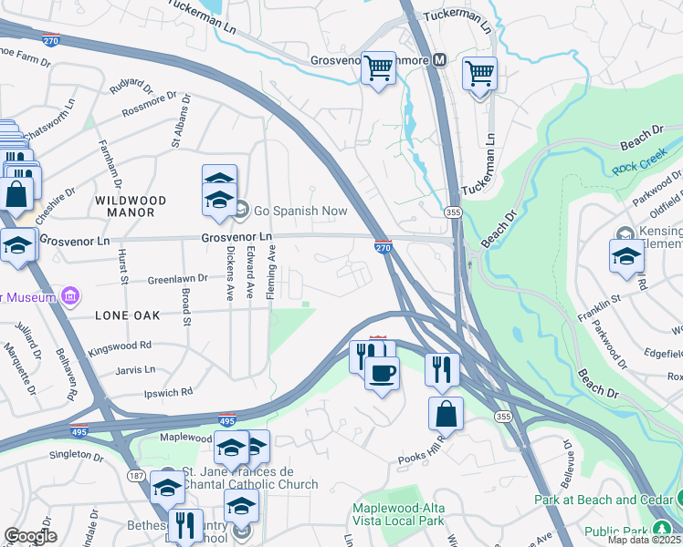 map of restaurants, bars, coffee shops, grocery stores, and more near 412 Barlow Place in Bethesda
