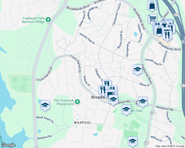 map of restaurants, bars, coffee shops, grocery stores, and more near 21508 Hearthstone Court in Broadlands