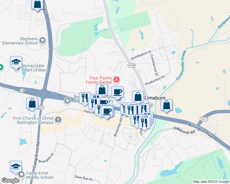 map of restaurants, bars, coffee shops, grocery stores, and more near 6025 Taylor Drive in Burlington