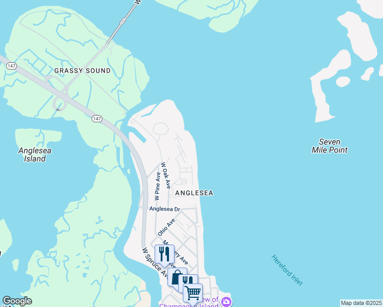 map of restaurants, bars, coffee shops, grocery stores, and more near 202 East Marina Court in North Wildwood