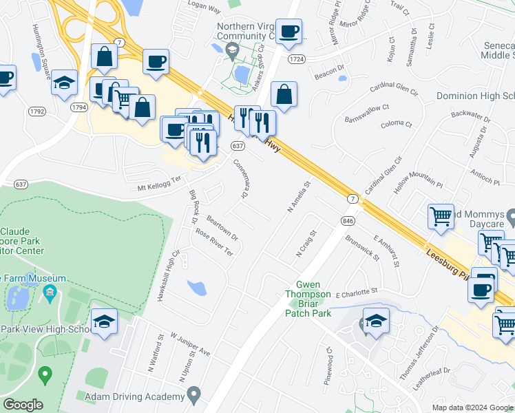 map of restaurants, bars, coffee shops, grocery stores, and more near 206 Edenberry Court in Sterling