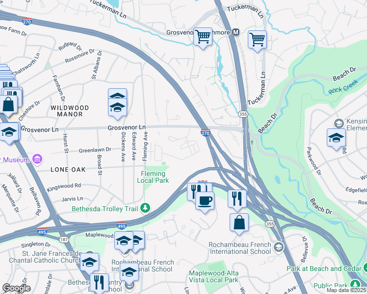 map of restaurants, bars, coffee shops, grocery stores, and more near 410 Barlow Place in Bethesda