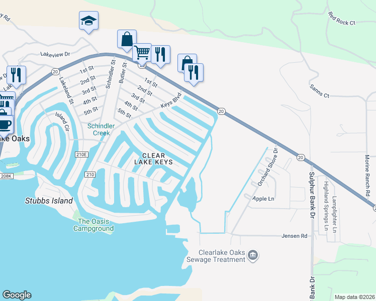 map of restaurants, bars, coffee shops, grocery stores, and more near 13430 Ebbtide Village in Clearlake Oaks