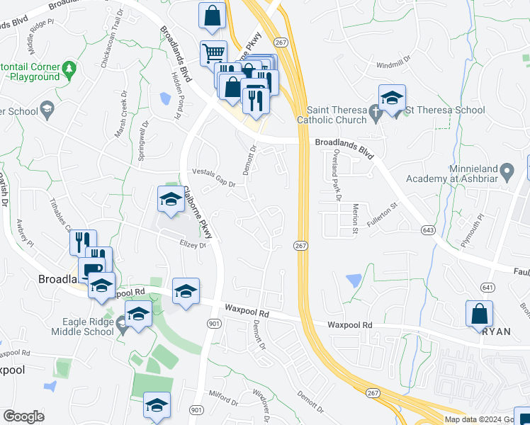 map of restaurants, bars, coffee shops, grocery stores, and more near 43171 Riders Square in Broadlands