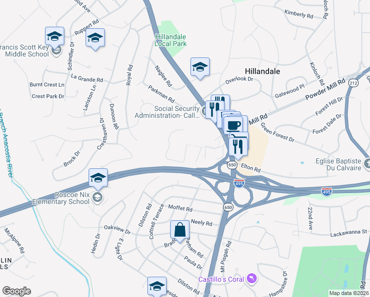 map of restaurants, bars, coffee shops, grocery stores, and more near 10000 New Hampshire Avenue in Silver Spring