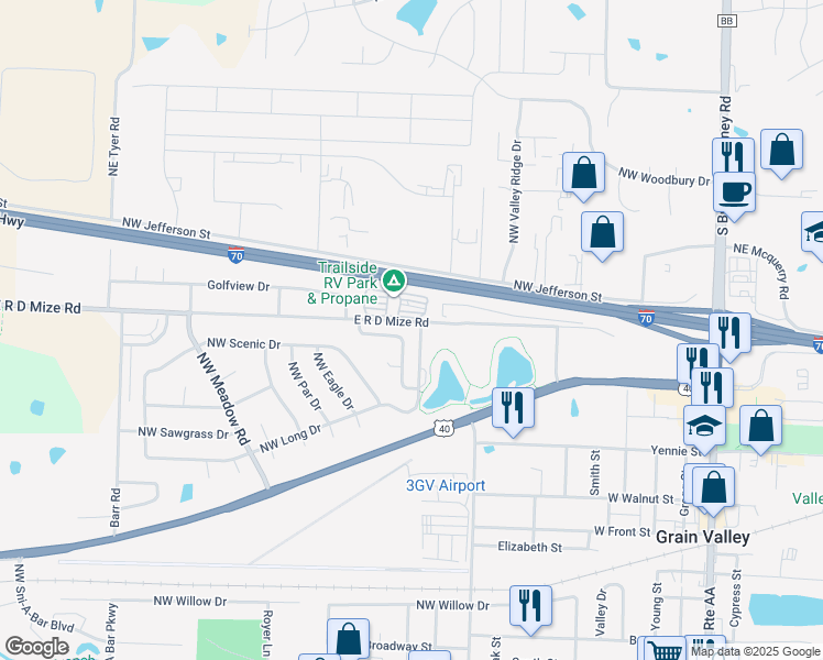 map of restaurants, bars, coffee shops, grocery stores, and more near 822 Northwest Valley Woods Drive in Grain Valley