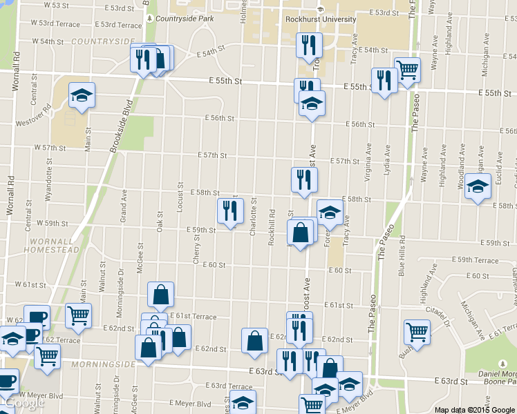 map of restaurants, bars, coffee shops, grocery stores, and more near 5820 Charlotte Street in Kansas City