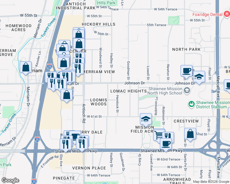 map of restaurants, bars, coffee shops, grocery stores, and more near 5935 Hemlock Street in Mission