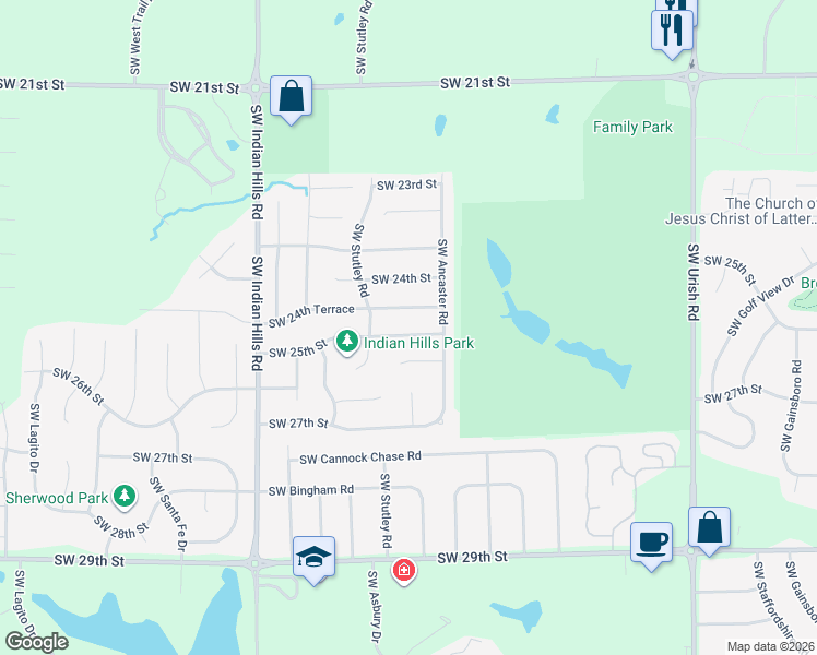 map of restaurants, bars, coffee shops, grocery stores, and more near 7223 Southwest 25th Street in Topeka