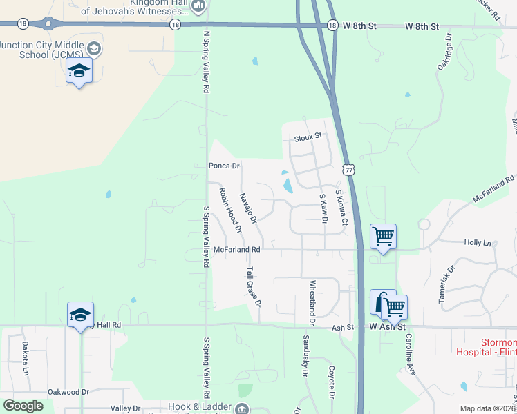 map of restaurants, bars, coffee shops, grocery stores, and more near 206 Nottingham Drive in Junction City