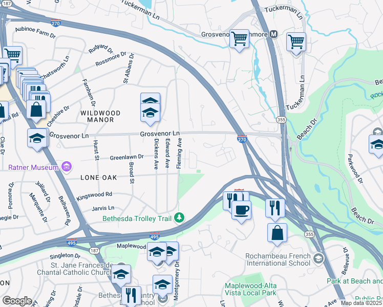 map of restaurants, bars, coffee shops, grocery stores, and more near 173 Winsome Circle in Bethesda