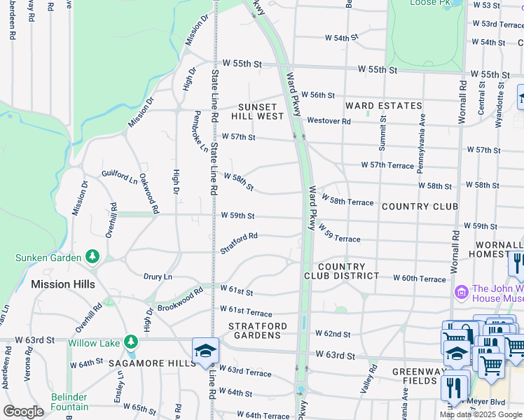 map of restaurants, bars, coffee shops, grocery stores, and more near 1246 West 59th Street in Kansas City