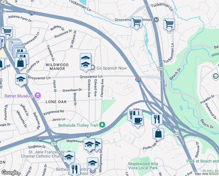 map of restaurants, bars, coffee shops, grocery stores, and more near 173 Winsome Circle in Bethesda