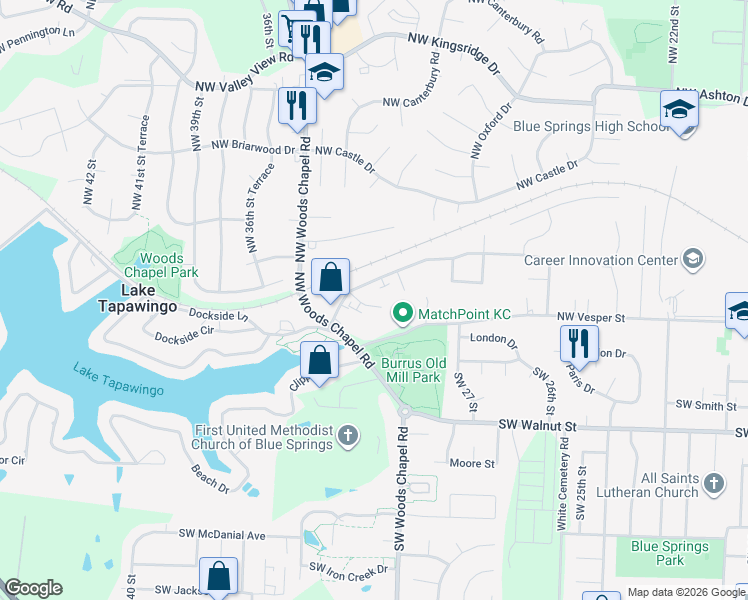 map of restaurants, bars, coffee shops, grocery stores, and more near 303 Northwest Waterwheel Court in Blue Springs