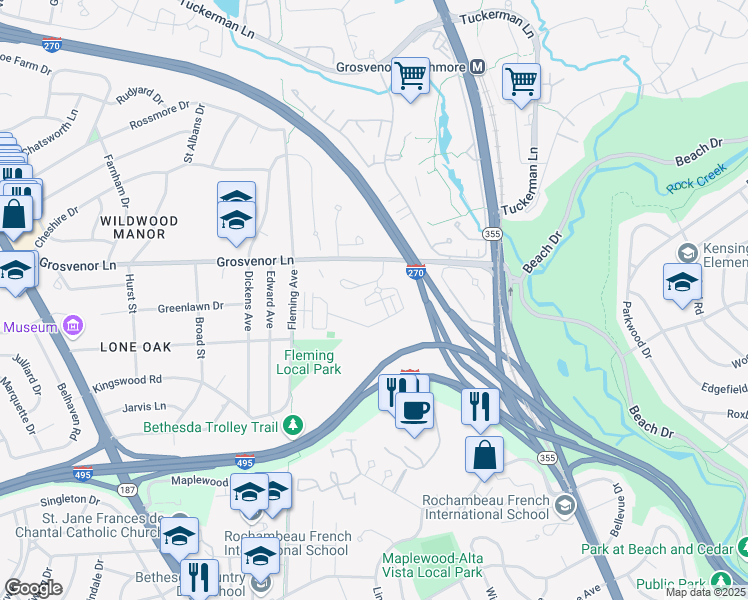 map of restaurants, bars, coffee shops, grocery stores, and more near 406 Barlow Place in Bethesda