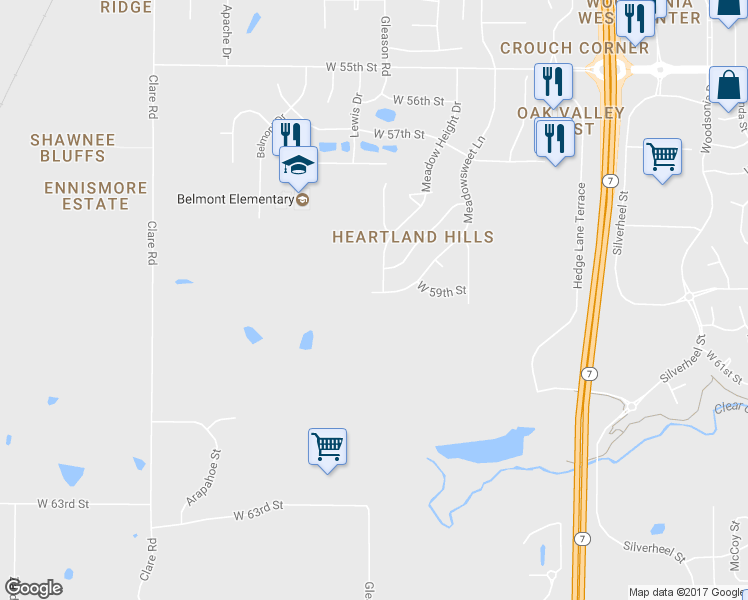 map of restaurants, bars, coffee shops, grocery stores, and more near 23807 West 58th Terrace in Shawnee