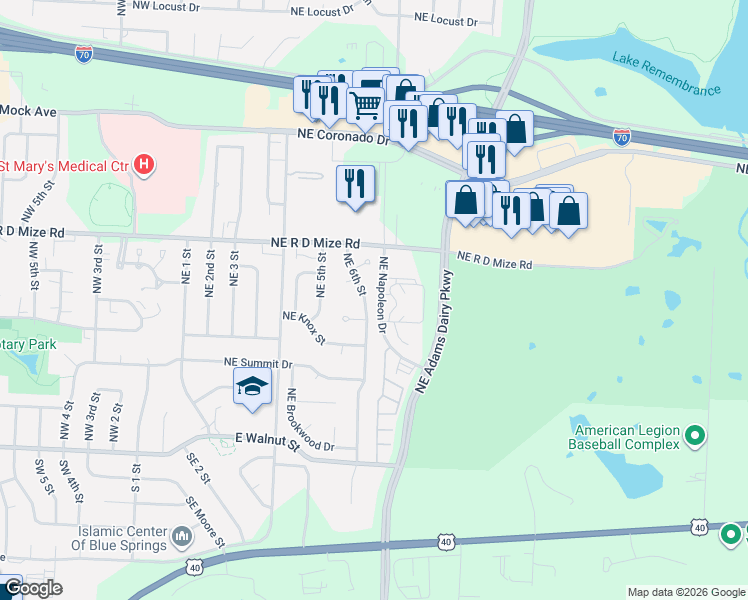 map of restaurants, bars, coffee shops, grocery stores, and more near 514 Northeast 6th Street in Blue Springs