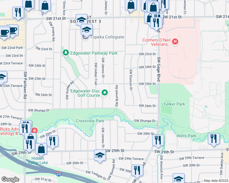 map of restaurants, bars, coffee shops, grocery stores, and more near 2513 Southwest Burnett Road in Topeka