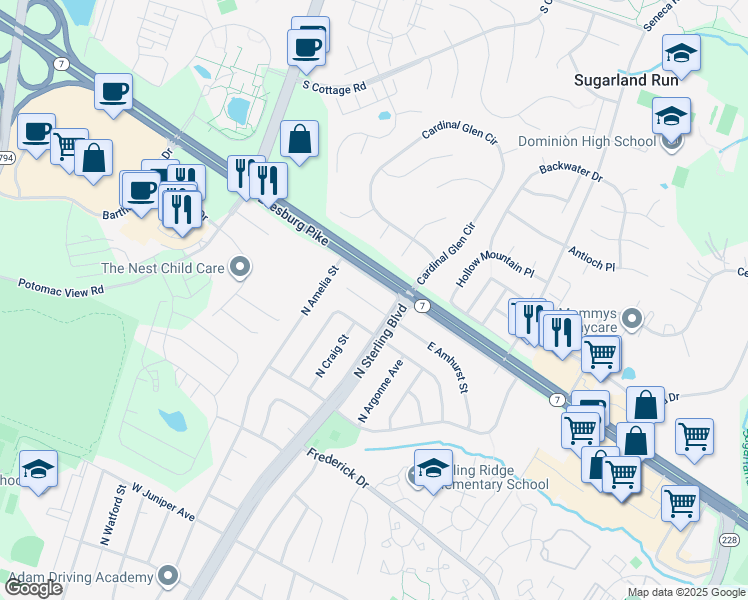 map of restaurants, bars, coffee shops, grocery stores, and more near 104 West Amhurst Place in Sterling