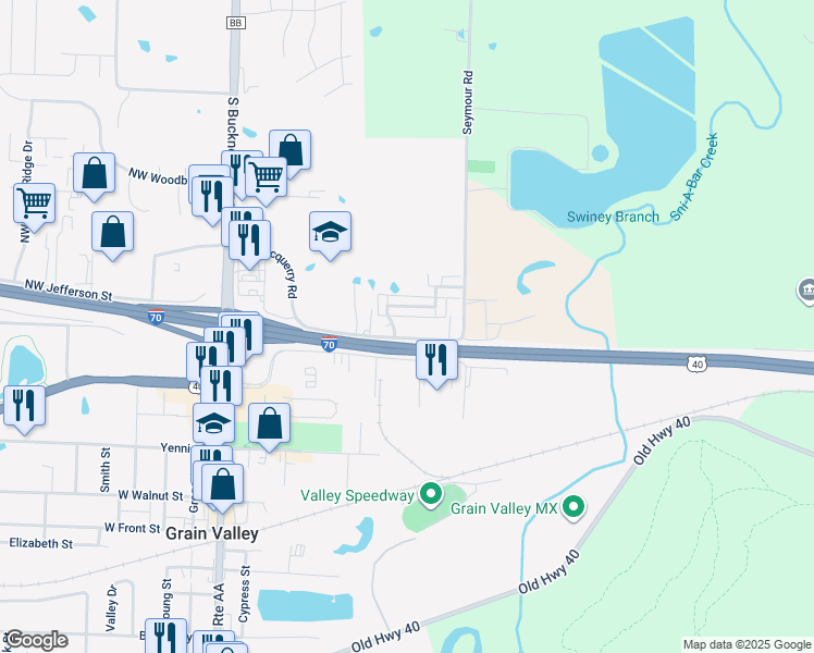 map of restaurants, bars, coffee shops, grocery stores, and more near 951 Northeast Deer Creek Drive in Grain Valley