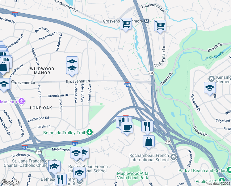 map of restaurants, bars, coffee shops, grocery stores, and more near 400 Barlow Place in Bethesda