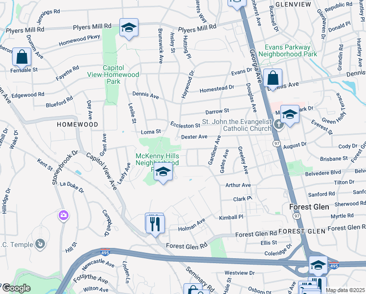 map of restaurants, bars, coffee shops, grocery stores, and more near 2427 Churchill Road in Silver Spring