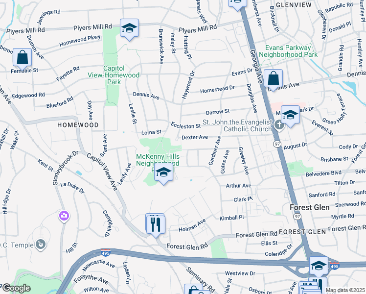 map of restaurants, bars, coffee shops, grocery stores, and more near 2427 Churchill Road in Silver Spring