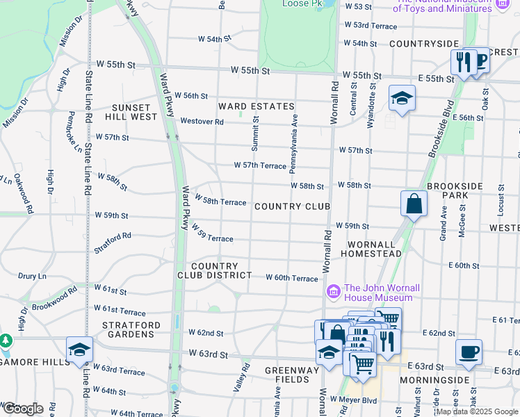 map of restaurants, bars, coffee shops, grocery stores, and more near 644 West 59th Street in Kansas City