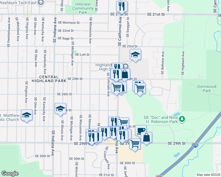 map of restaurants, bars, coffee shops, grocery stores, and more near 2535 Southeast California Avenue in Topeka