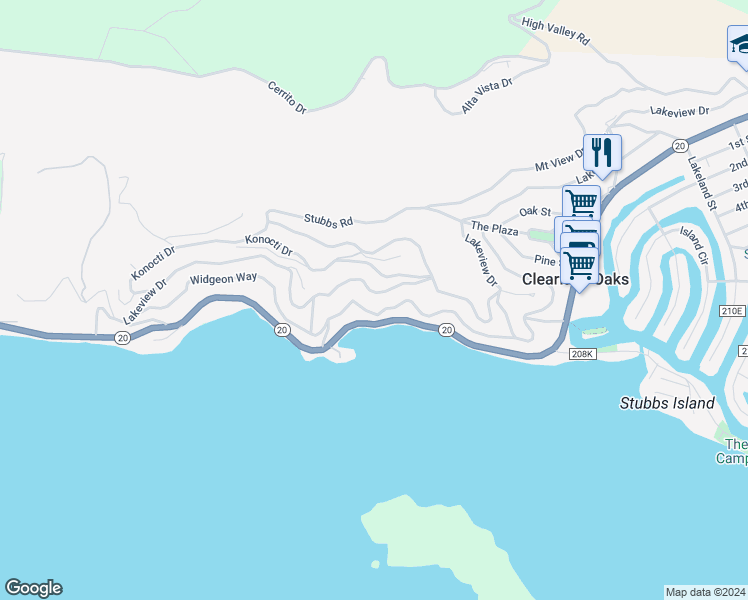 map of restaurants, bars, coffee shops, grocery stores, and more near 12115 Lakeview Drive in Clearlake Oaks