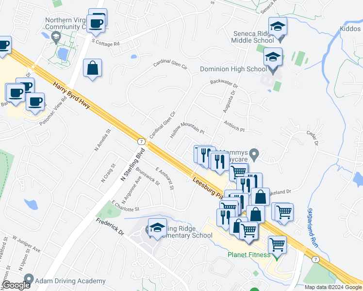 map of restaurants, bars, coffee shops, grocery stores, and more near 46763 Vermont Maple Terrace in Sterling