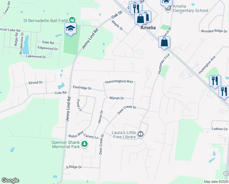 map of restaurants, bars, coffee shops, grocery stores, and more near 17 Mynah Drive in Amelia