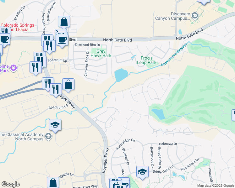 map of restaurants, bars, coffee shops, grocery stores, and more near 13072 Rock Rabbit Court in Colorado Springs