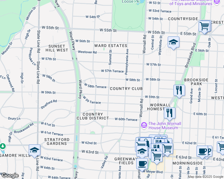 map of restaurants, bars, coffee shops, grocery stores, and more near 644 West 59th Street in Kansas City