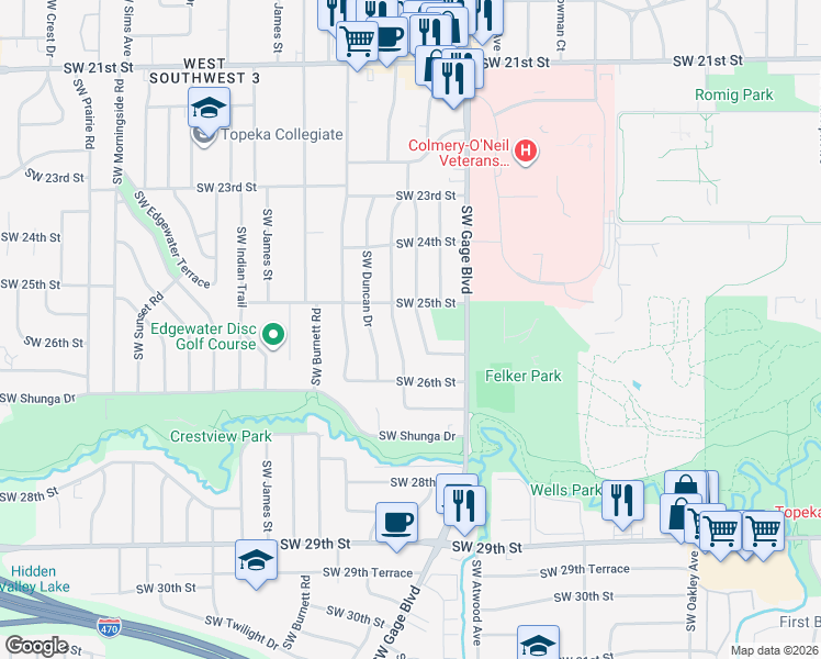 map of restaurants, bars, coffee shops, grocery stores, and more near 2521 Southwest Mission Avenue in Topeka